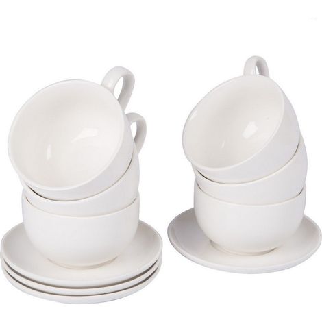 TRADE SHOP - Set 8 Pezzi Per Colazione Cappuccino 4 Tazze 200 E 4 Piattini Porcellana Bianca -