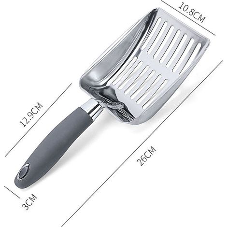 Katzenstreuschaufel, Streusieb aus Edelstahl, Metallschaufel, Kotsieb, Kätzchenschaufel, langlebig, robust, flaches Edelstahlmaterial, grauer Griff.