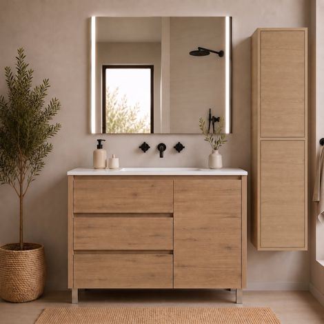 Mobile bagno con 3 cassetti, anta e lavabo ORIGENBATH VOLUM senza specchio 80x45 cm estepa con colonna (1/5)