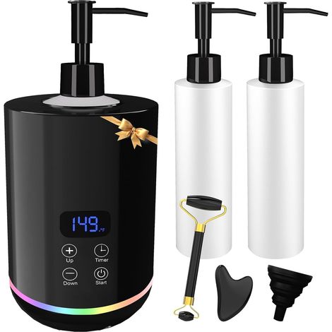 Massage Oil Heater, Massage Oil Heater with Mood Lighting and Dispenser Bottles, Body Cream Heater with Gua Sha Roller, Black (1/5)