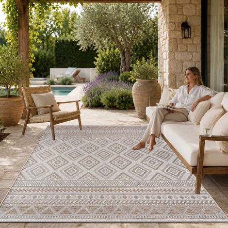 Paco Home Tappeto Per Esterno Da Balcone Terrazza Tappeto Cucina Moderno Boho Etnico 150 cm quadrato, Beige 2