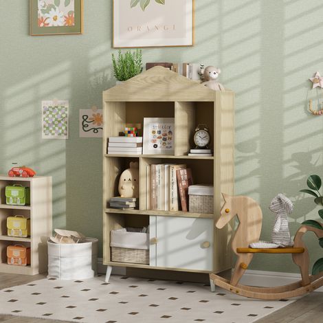 Bibliothèque pour enfants en bois avec étagères ouvertes et placard inférieur, 80x30x140,5 cm, blanc et couleur bois (1/5)