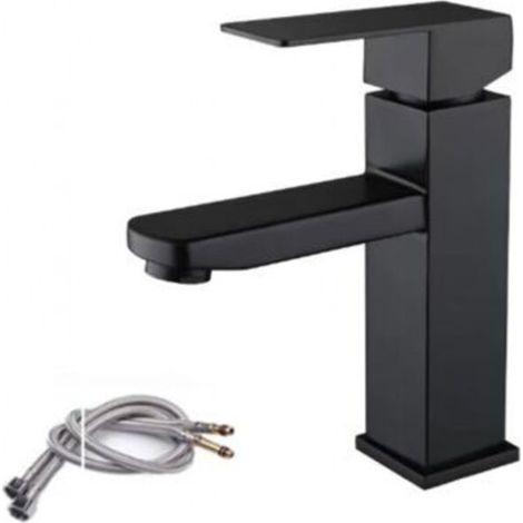 Black stainless steel bathroom faucet, single-handle design for hot and cold water, with hose, suitable for bathroom sinks and mixers (1/5)