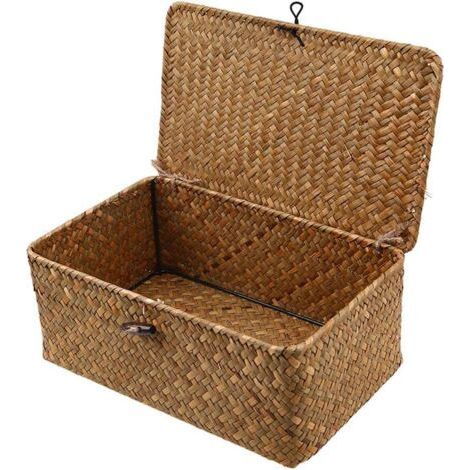 Aufbewahrungsbox aus geflochtenem Rattan mit Deckel – Wäschekorb aus Seegras – Kosmetik-Organizer – Für Bad, Wohnzimmer, Küche, braun, klein (1/5)