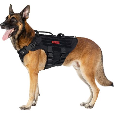 Harnais tactique reglable anti-traction pour chien, Noir, XL, avec 3 poignees, 2 boucles en metal, harnais anti-eclatement, systme de fixation Molle, 3 anneaux en D en acier inoxydable (1/5)
