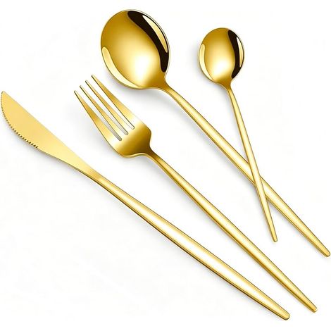 Ensemble de couverts 24 pièces en acier inoxydable pour 6 personnes avec cuillère, couteau et fourchette, passe au lave-vaisselle/facile à nettoyer/poli miroir (doré/700 g/petit et compact)
