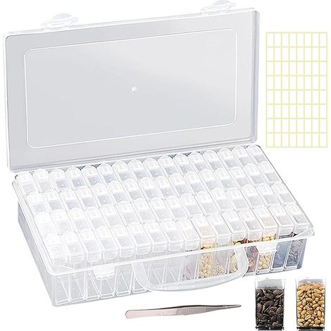 Organisateur Graines à 64 Emplacements avec Autocollants d'étiquettes et Pinces à épiler, Boîte Plastique Perles, Organisateur Peinture Diamant, Utilise Conteneur Stockage Graines Feurs et Légumes