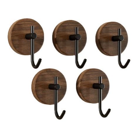 Patères en bois massif, crochets de porte en noyer, fixation murale adhésive résistante, sans perçage, lot de 5 (1/5)