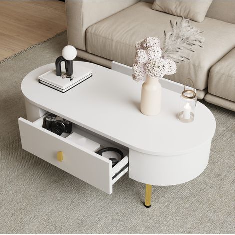 Couchtisch 108x50x40 cm Weiß und Gold MDF mit 2 Schubladen und abgerundeten Ecken (1/5)