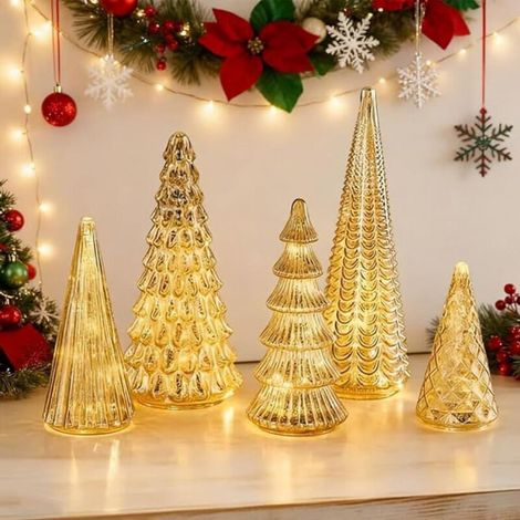 Set di 5 alberi di Natale illuminati in vetro al mercurio, decorazioni da tavola con luci LED per soggiorno, camera da letto, camino e ufficio. (1/4)