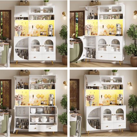 Buffet armoire haute cuisine LED USB prise électrique panneau perforé tiroir étagères verre blanc
