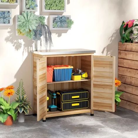 Mobile da giardino con ripiano interno e banco da lavoro, realizzato in legno di abete e acciaio zincato, 79x43x92 cm, colore del legno a vista. (1/5)