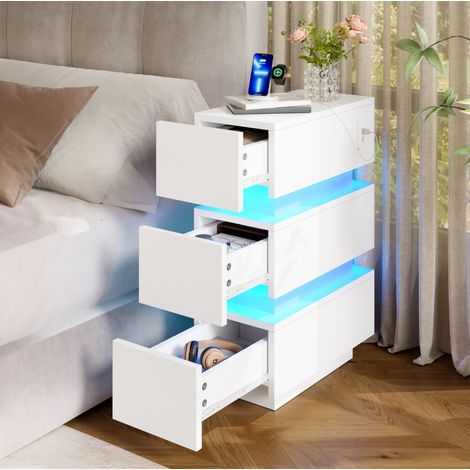 MODFU – Set de 2 mesitas de noche 20x40x59,5 cm de aglomerado con LED, USB, Type-C, 3 cajones y antivuelco – Blanco (1/5)