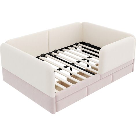 Cama infantil tapizada 140 x 200 cm con cajones de almacenaje, terciopelo, beige y rosa (1/5)