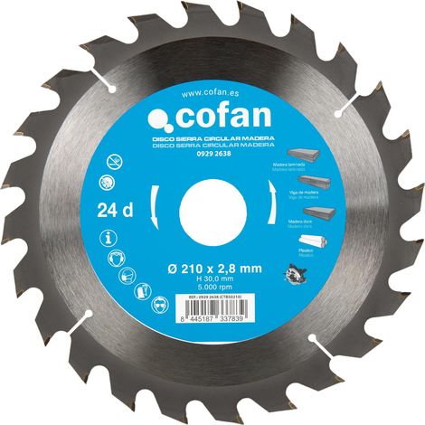 Cofan Lame de scie circulaire  Disque de coupe pour bois  24 dents  Convient pour les bois lamellés-collés, bois durs et plastiques  Dimensions : 210 x 30 mm  Épaisseur du disque : 2,8 mm (1/5)