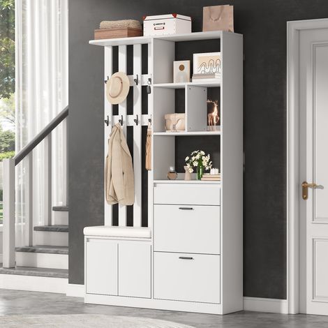 Appendiabiti da ingresso 120x30x200 cm con panca imbottita, 2 ante per scarpe, 1 cassetto, MDF bianco (1/5)