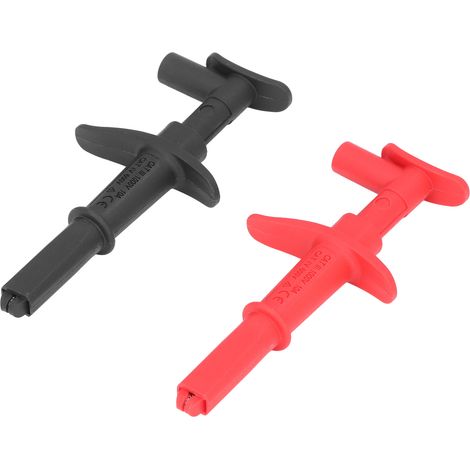 Un ensemble d'une paire de crochets/pinces de test et de pinces crocodiles rouges et noires, pour les tests électroniques. (1/5)