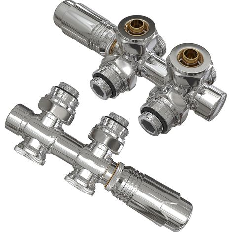Set multiblocs pour le raccordement des radiateurs raccord avec thermostat 50mm accessoires de chauffage forme angle et passage raccord mural chrome 2 pièces (1/5)
