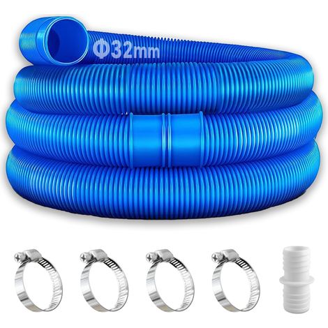 Lot de 2 tuyaux de piscine bleus de 32 mm pour pompes de piscine avec 4 clips de sécurité et 1 raccord de tuyau, tuyau de piscine de 150 cm et 32 mm, pour pompe à filtre et piscine (1/5)