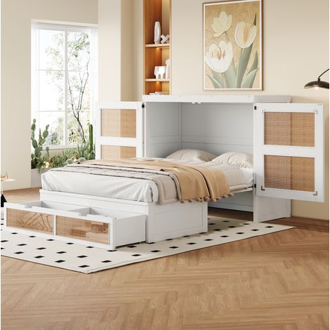 Lit escamotable 140x200 cm avec tiroirs et rangement, en bois, blanc, sans matelas (1/5)