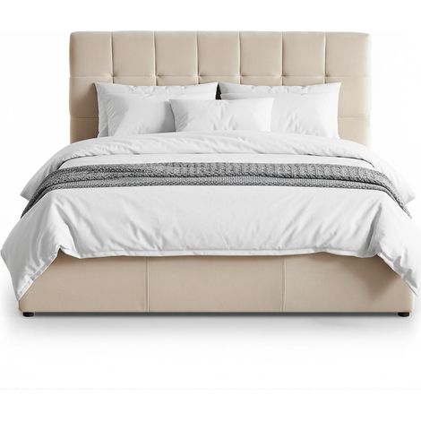 Cotecosy – Lit double relevable 160x200cm – Velours beige – Tête de lit capitonnée – Espace de rangement pratique (1/5)