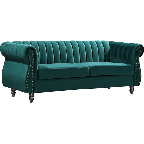 Vente-Unique – Canapé convertible 3 places chesterfield en velours vert émeraude – Structure bois – Assise déhoussable – Confort équilibré (1/3)