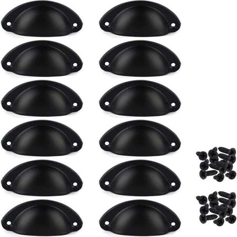 Lot de 12 Poignées de Tiroir Vintage, Poignées de Meubles Traditionnelles en Demi Lune, Poignées de Coquille pour Placard, Armoire, Commode, Noir, Vis incluses (1/4)