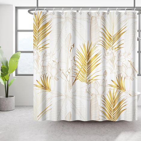Plante dorée Rideau de douche 180 x 180 cm Lotus feuille de palmier simple feuille de banane art décoratif imperméable lavable en polyester rideaux de salle de bain avec 12 crochets pour (1/5)