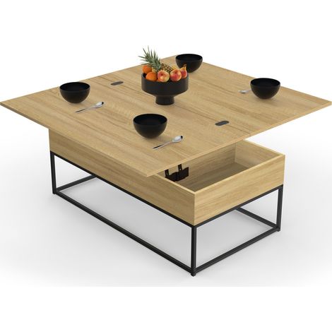 Idmarket – Table basse relevable en bois et métal – Double plateau extensible 100x110cm – Design industriel pour 4 à 6 convives – Rangement intégré