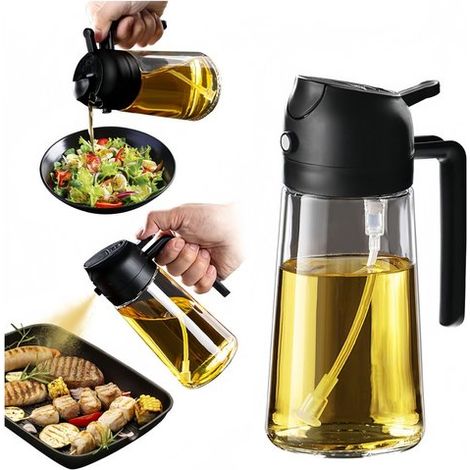 Pulverizador de aceite de oliva, 470 ml, Dispensador y pulverizador 2 en 1, Atomizador de aceite, Spray de cocina, Spray para barbacoa, Negro (1/5)