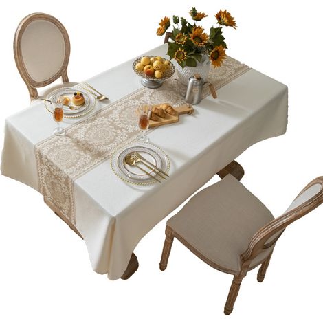 Nappe Imperméable en Lin Artificiel 140x180cm, Housse de Table Rectangulaire à Fleurs et Pompons, Résistante à l'Huile (1/4)