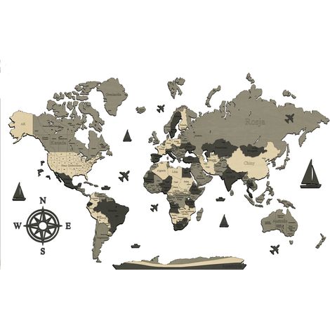 Mapa del mundo de madera 3D, modelo n.º VIII. Bordes + nombres de países. 90 x 56 cm. (1/5)