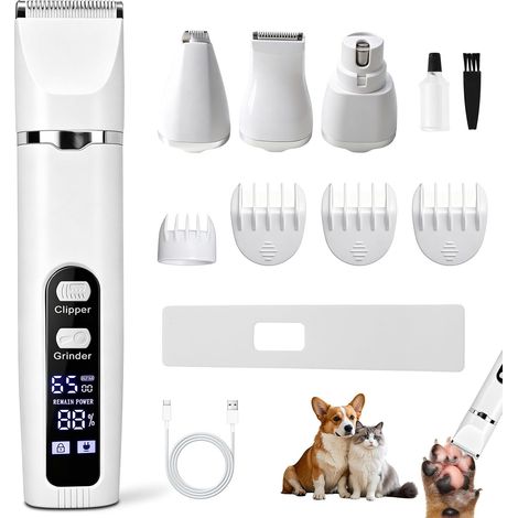 Kit Toilettage Chien 4 en 1, Tondeuse Chien et Tondeuse Chat Silencieuse Sans Fil, Tondeuse Pour Chien avec Écran LCD, Tondeuse Animaux pour Poils Longs et Pattes, Blanc (1/5)