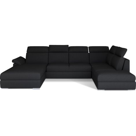 Canapé panoramique convertible LEVANO tissu - Rangement et appuie-têtes réglables à gauche-Noir-Coffre à gauche (1/5)