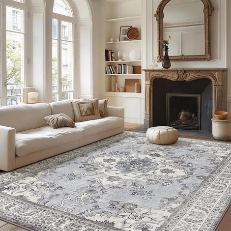Tapis Vintage pour Salon 120x180 cm - Tissu Ras Court Doux, Lavable en Machine et Antidérapant, Tapis Oriental pour Salle à Manger, Chambre à Coucher et Chambre d'enfants,Gris crème Vintage (1/5)