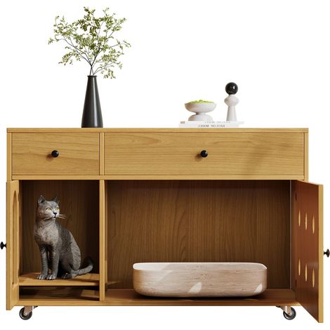 Meuble cache-litière pour chat (mobile) – Maison pour chat avec plaque amovible d’évacuation du sable, isolation des odeurs, sans litière incluse, 100×45×66 cm, coloris bois naturel / érable jaune