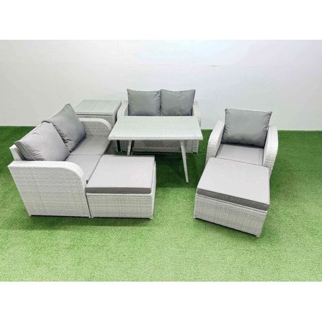 Fimous 7 Seater Outdoor Rattan Garden Furniture Set Love Sofa Reclining Chair Set with Rectangular Dining Table Side Table 2 Big Footstools Light Grey (1/4)