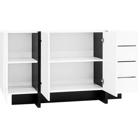 Aparador con 2 Puertas y 4 Cajones, Frente Brillante, Estilo Moderno, para Salón, en MDF, 150×40×80,5 cm, Blanco Negro (1/5)