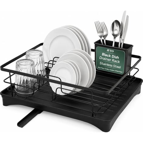 Égouttoir à Vaisselle INOX Noir – Grand Égouttoir de Cuisine avec Porte-Couverts Amovible et Bec de Drainage 360° – Égouttoir Compact Antidérapant pour Assiettes, Verres et Couverts (1/5)