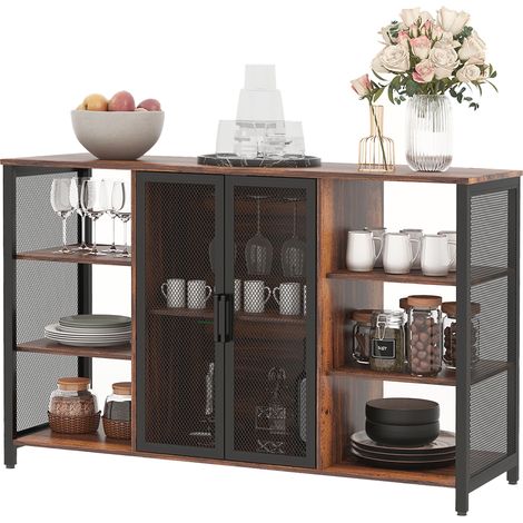 Buffet de cuisine avec 6 étagères ouvertes, un porte-verres et une étagère réglable, idéal pour un bar ou une salle à manger, 120 x 40 x 76 cm, marron rustique (1/5)