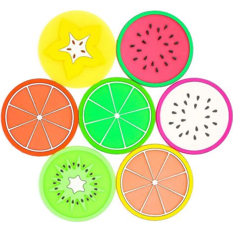 Dessous de verre en forme de fruit, lot de 7, 8,9 cm, antidérapants, isolants thermiques, en silicone coloré (1/4)