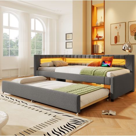 Letto da giorno con letto estraibile 90 x 200 cm, LED, USB e Type-C, lino e MDF grigio, OKWISH (1/5)