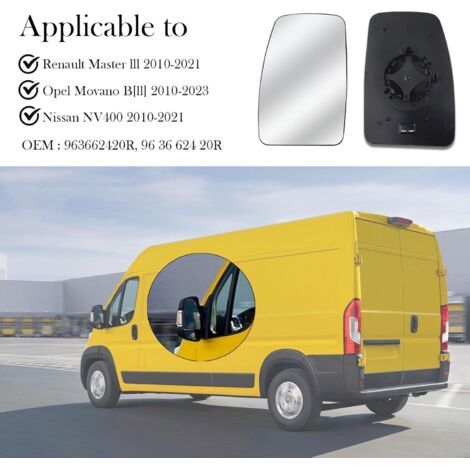 Remplacement du verre de rétroviseur extérieur pour Renault Master 2010-2021/Opel Movano 2010-2023/Nissan NV400 2010-2021. Chauffant, asphérique, avec support de rétroviseur extérieur réglable (gauche (1/4)