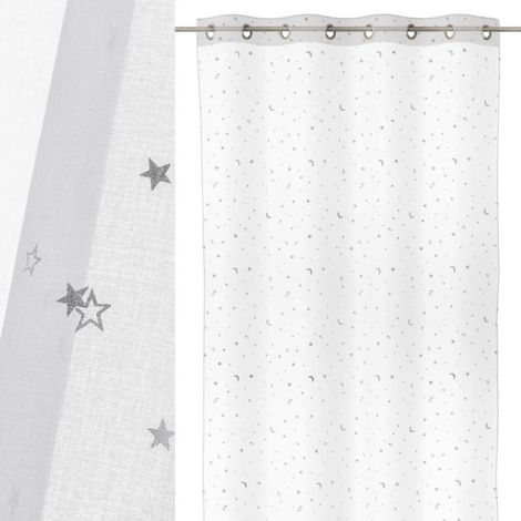 Voilage à Œillets Blanc Lunes et Étoiles Chambre Enfant - Longueur 260cm (1/3)