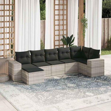 Ensemble de salon de jardin modulaire 7 places en résine tressée gris clair avec coussins et repose-pieds, acier enduit poudre (1/5)