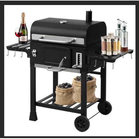 Teeno – Chariot de cuisson au charbon de bois XXL – BBQ grill avec couvercle, thermomètre, gants anti-chaleur – Fumoir pour viandes et légumes (1/5)