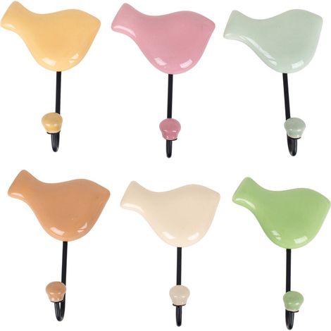 Wandhaken Vogel aus Keramik pastellfarben 14 cm 6er Set (1/3)