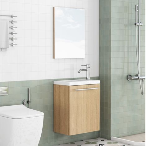 REDOM mueble de baño suspendido con lavabo cerámico y espejo, cierre amortiguado, tiradores metálicos, MDF, color roble (1/5)