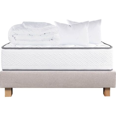 IZAC - Pack Matelas + Sommier Tapissier Beige 160x200 cm + 2 Oreillers + 1 Couette (1/5)