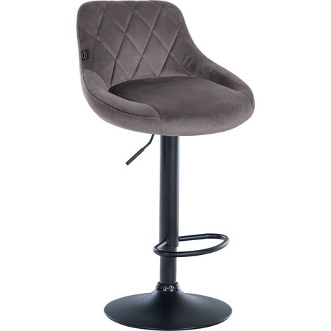 Sgabello da bar in velluto grigio cuciture decorative girevole supporto in metallo nero TDB10666
